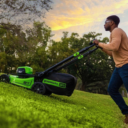 Greenworks 80V 21” Lawn Mower, 13” String Trimmer, and 730 Leaf Blower